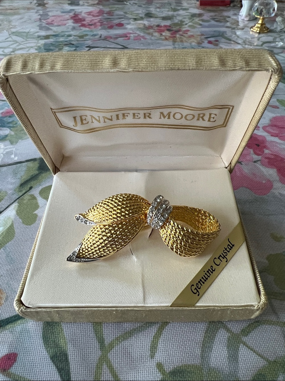 Jennifer Moore Gold and Silver Crystal Ribbon Bow Brooch